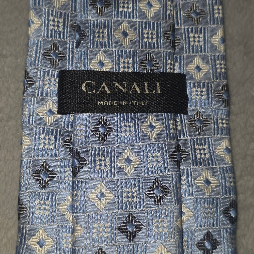 Canali Mens Blue Geometric Silk Necktie Made in Italy Jacquard 3.5 Inch Width
